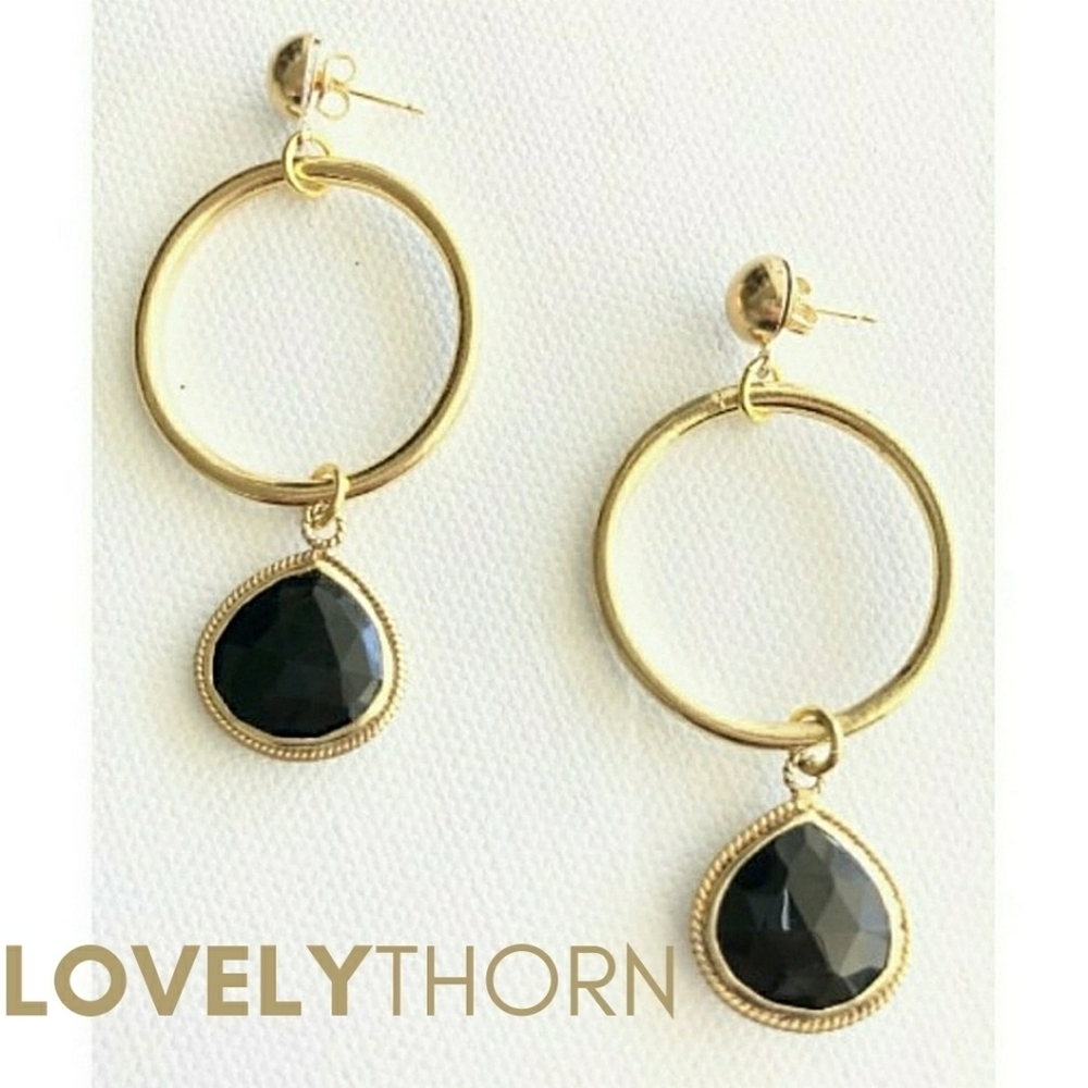 VANESSA MOONEY // ltd ed black faceted gem gold drop hoop earrings
